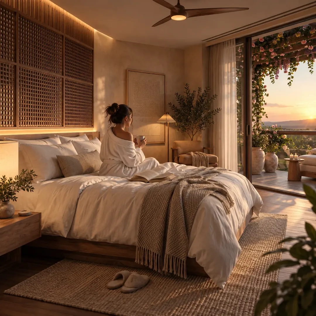 Bedroom opening toward the view
