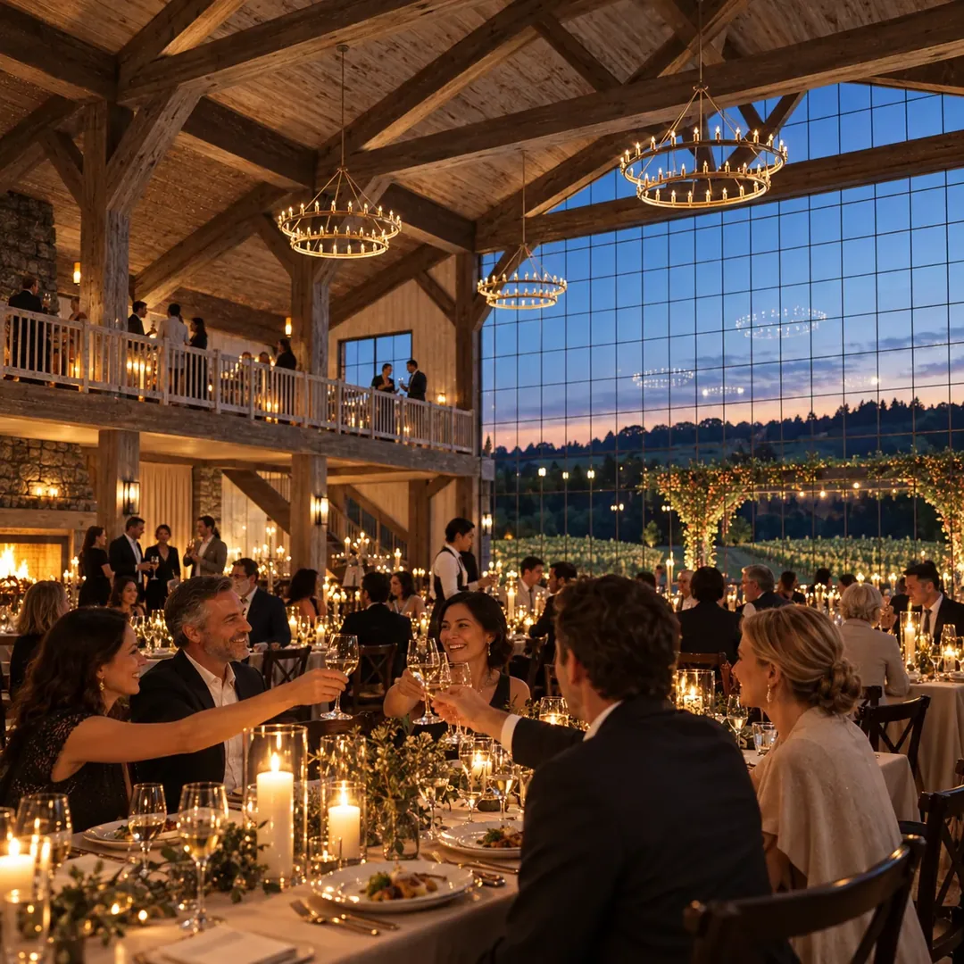 Dinner gathering inside the barn