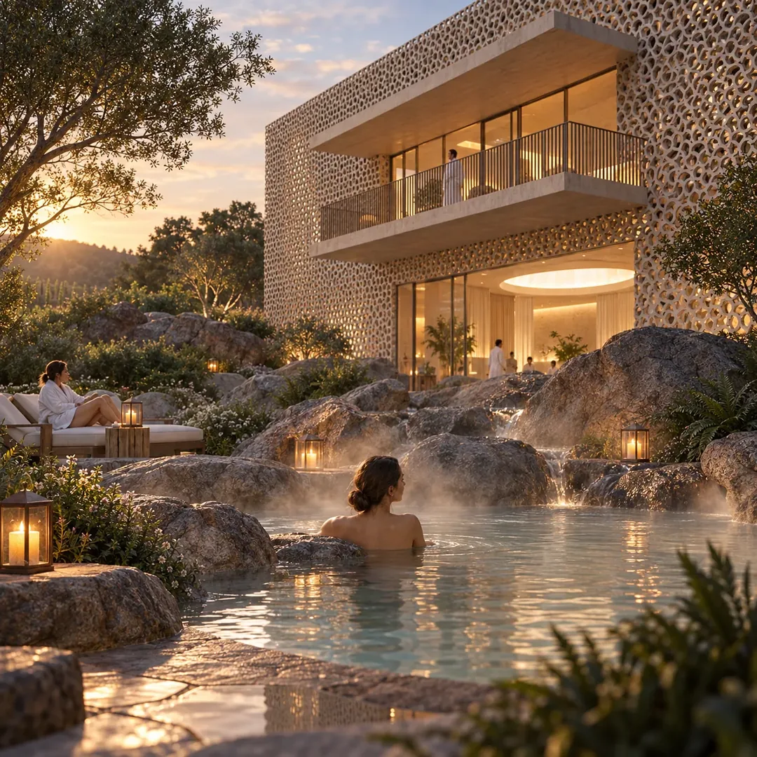 Onsen with the residence beyond