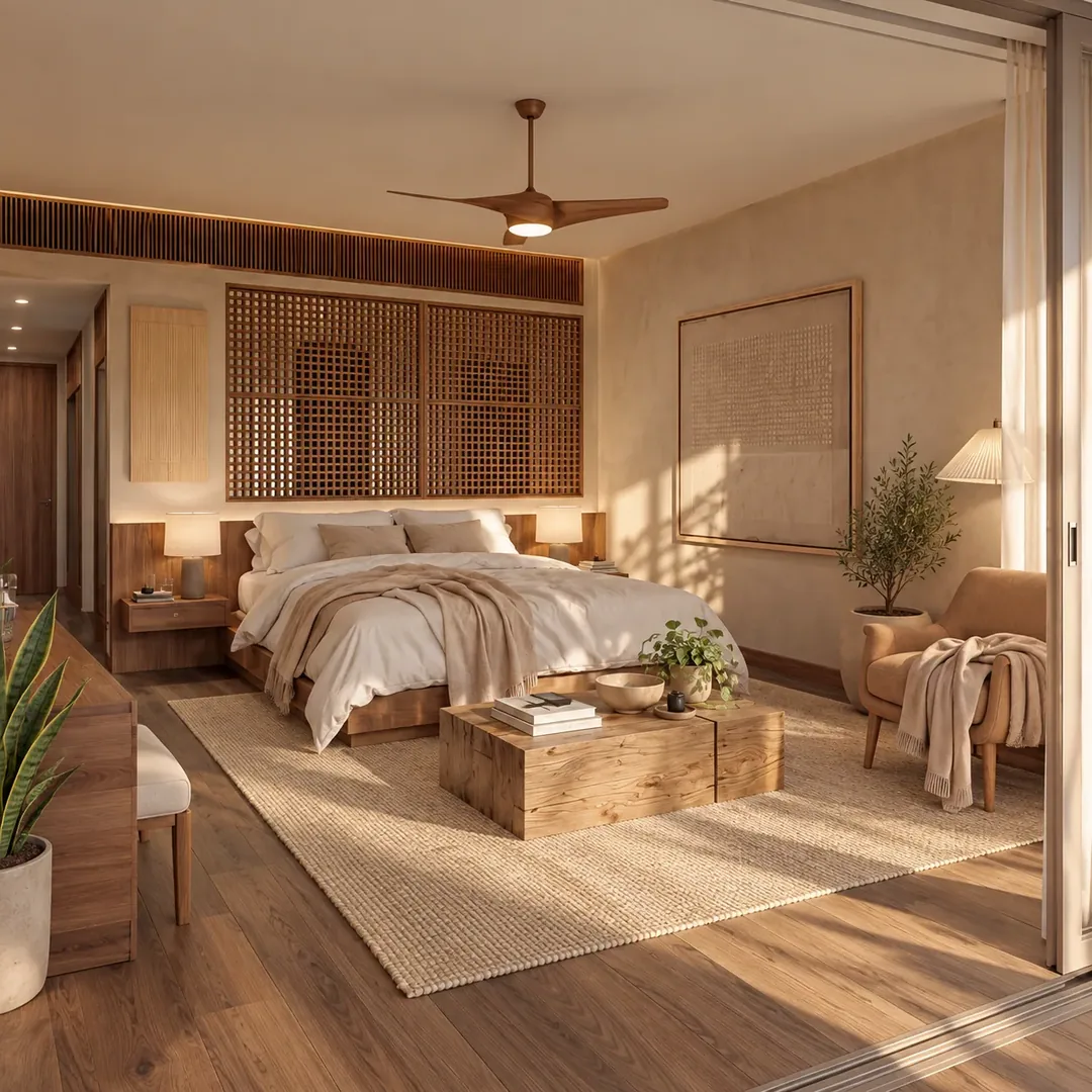Wide bedroom with garden light