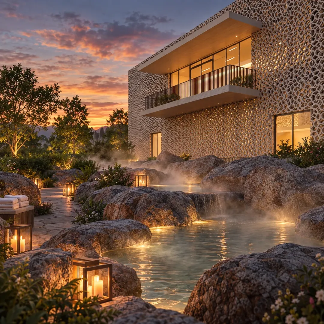 Onsen and architecture at sunset