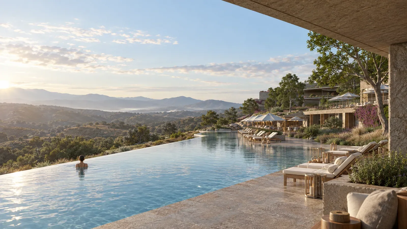 Oblique view across the pool terrace