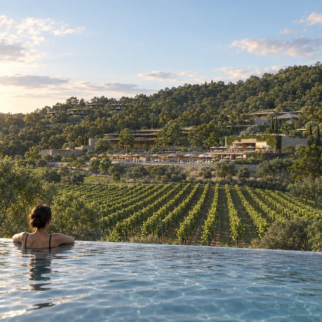 Axial pool and vineyard view
