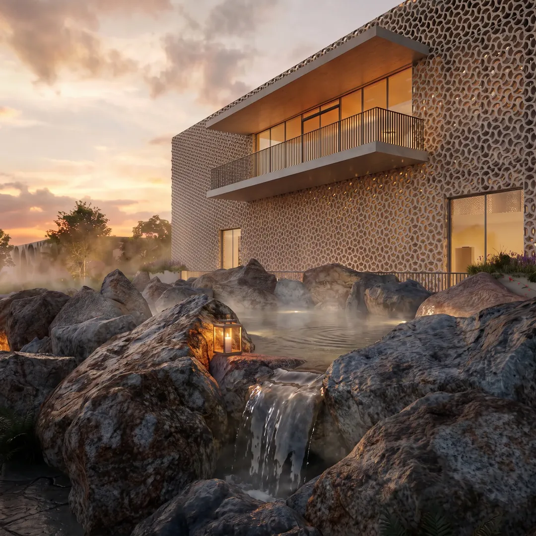 Water and stone against the facade