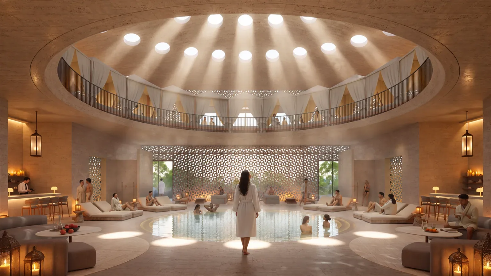 Oval pool and surrounding lounge