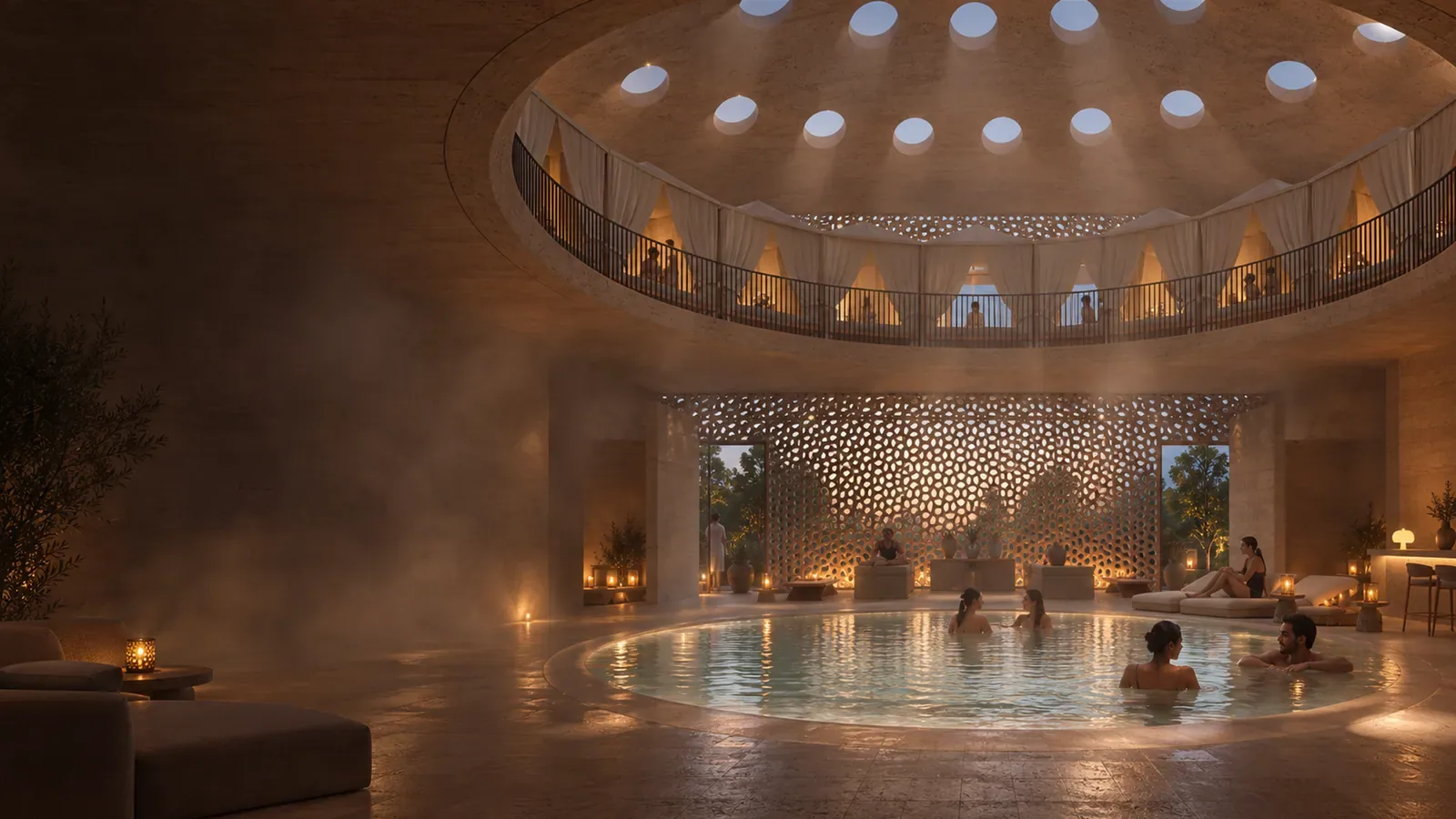 Indoor pool at evening, with copy space