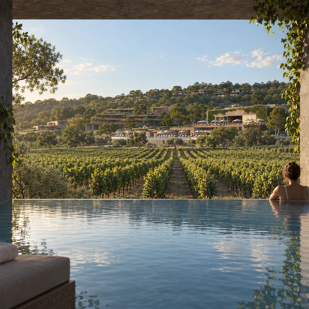 Pool and vineyard - shaded terrace hero