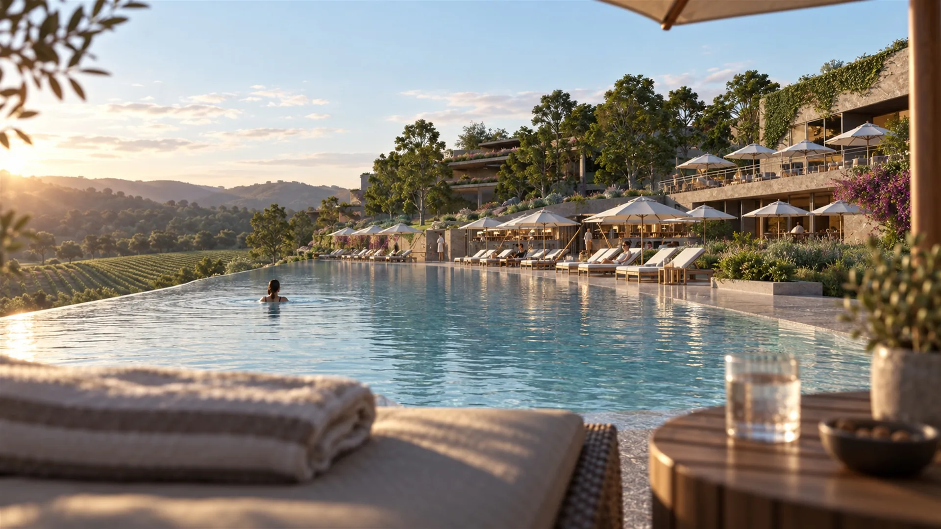 Pool - sun lounger and vineyard
