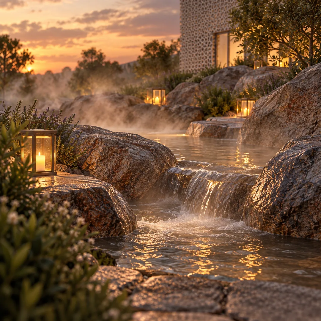 Onsen stone cascade - dusk